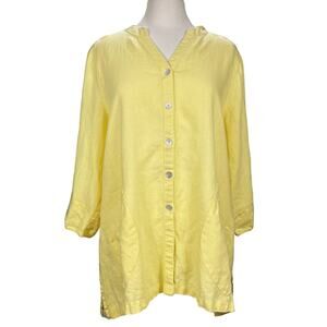 Multiples Long Sleeve Collarless Button Down Top Yellow 100% Linen XL Breathable